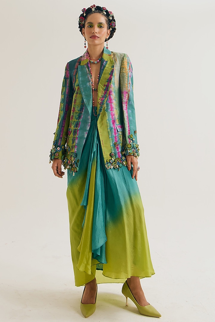 Turquoise & Green Habutai Silk Embroidered Blazer by Capisvirleo at Pernia's Pop Up Shop