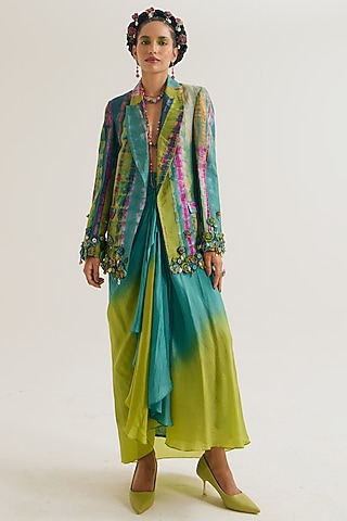 Turquoise & Green Habutai Silk Embroidered Blazer by Capisvirleo
