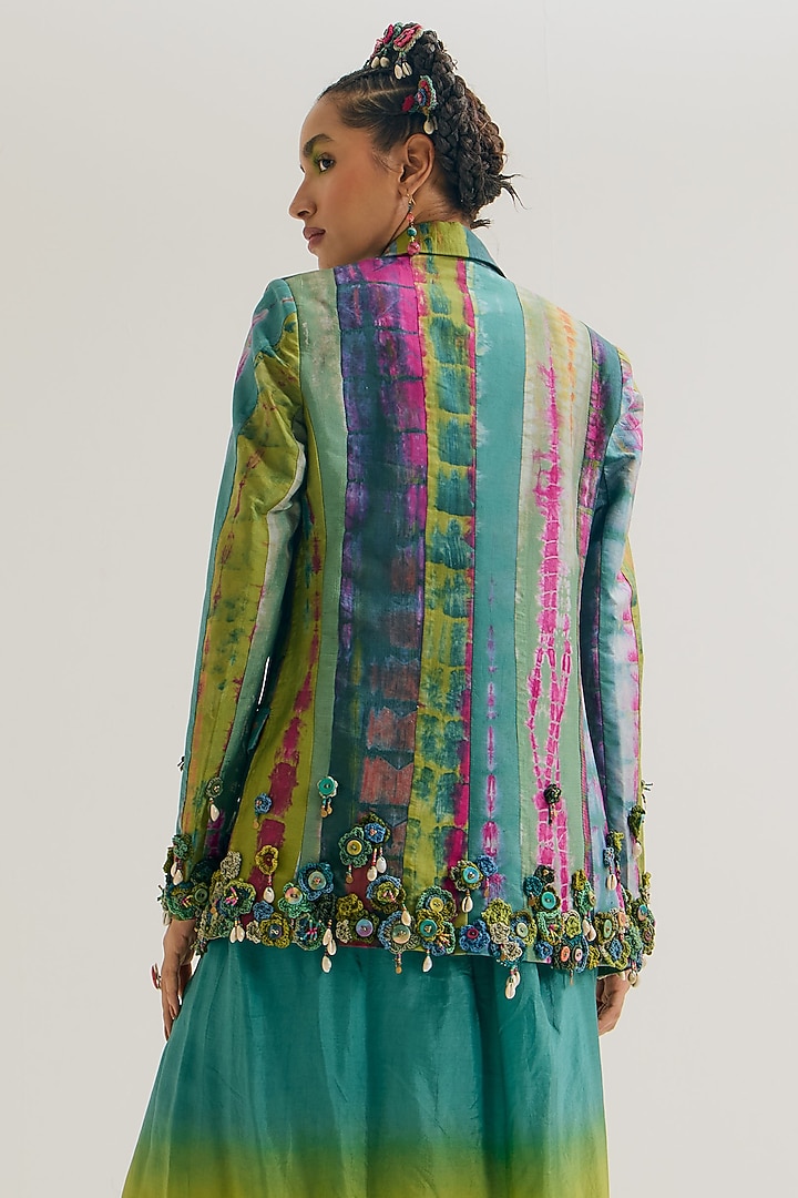 Turquoise & Green Habutai Silk Embroidered Blazer by Capisvirleo at Pernia's Pop Up Shop