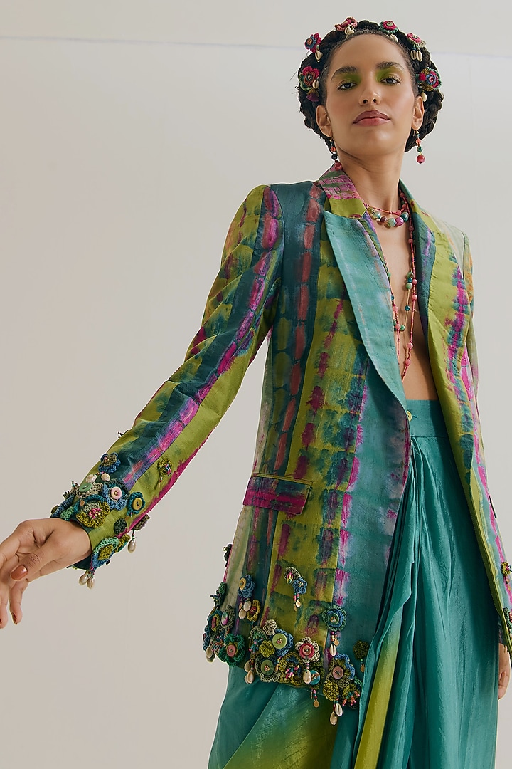 Turquoise & Green Habutai Silk Embroidered Blazer by Capisvirleo at Pernia's Pop Up Shop
