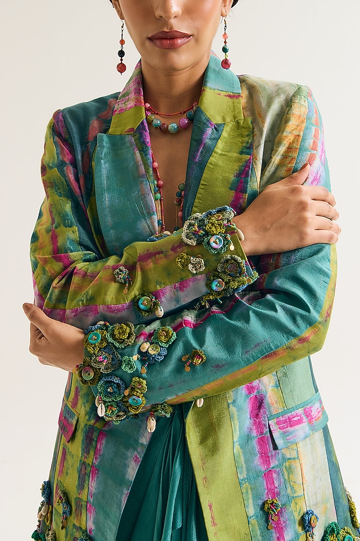 Turquoise & Green Habutai Silk Embroidered Blazer by Capisvirleo at Pernia's Pop Up Shop