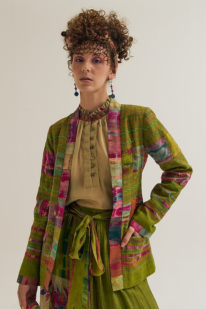 Green Chanderi Silk Embroidered Jacket by Capisvirleo at Pernia's Pop Up Shop
