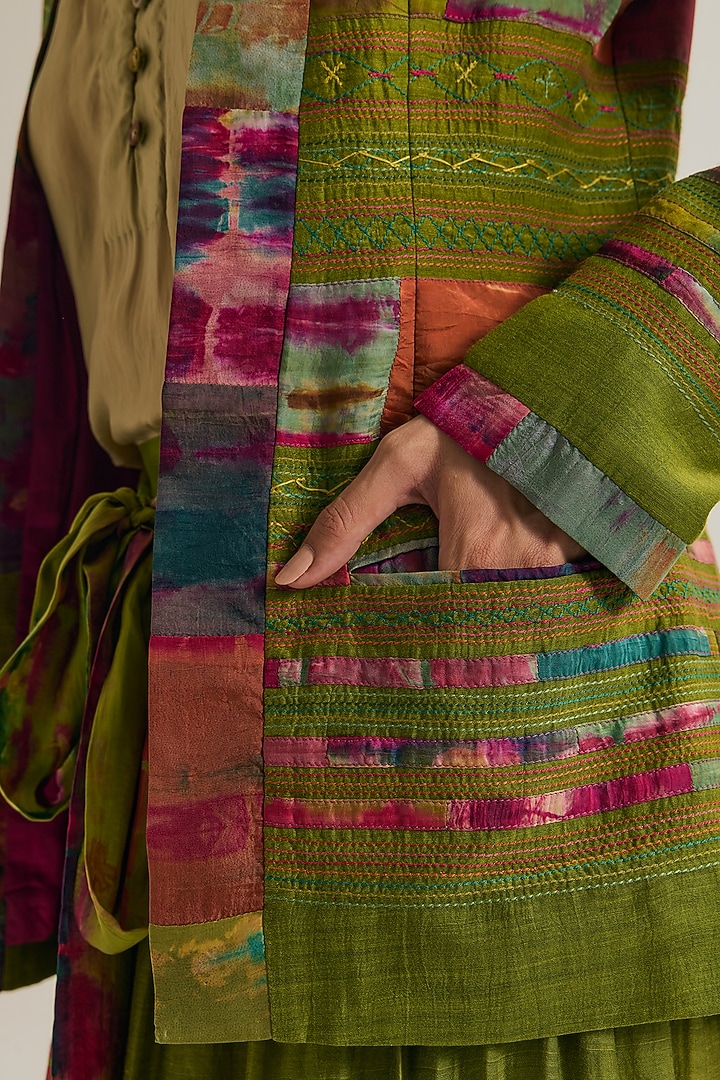 Green Chanderi Silk Embroidered Jacket by Capisvirleo at Pernia's Pop Up Shop