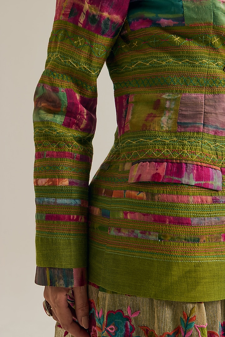 Green Chanderi Silk Embroidered Jacket by Capisvirleo at Pernia's Pop Up Shop