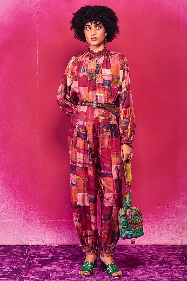 Fuchsia Silk Aari Embroidered Tie-Dyed Co-Ord Set by Capisvirleo at Pernia's Pop Up Shop