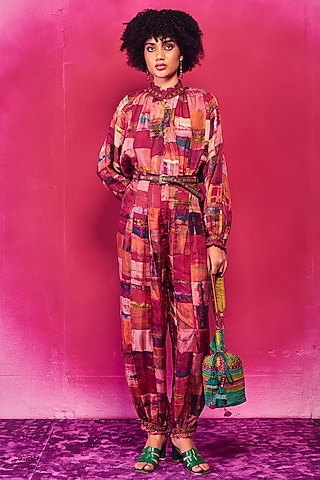 Fuchsia Silk Aari Embroidered Tie-Dyed Ruffled Top by Capisvirleo