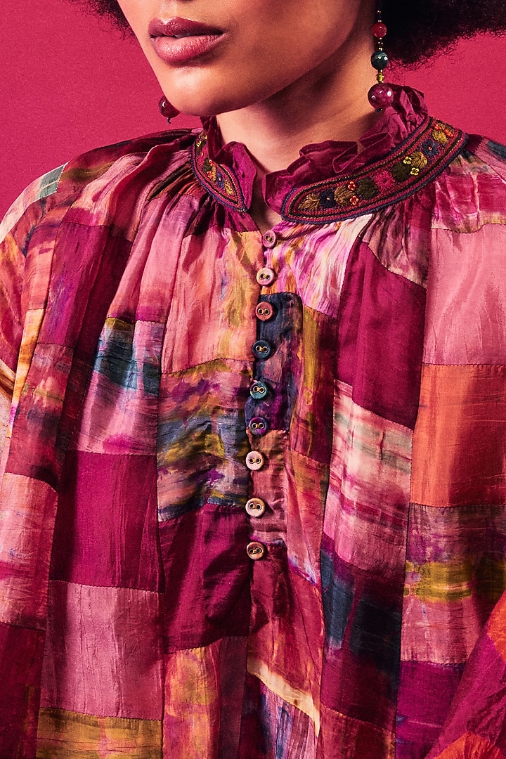 Fuchsia Silk Aari Embroidered Tie-Dyed Ruffled Top by Capisvirleo at Pernia's Pop Up Shop