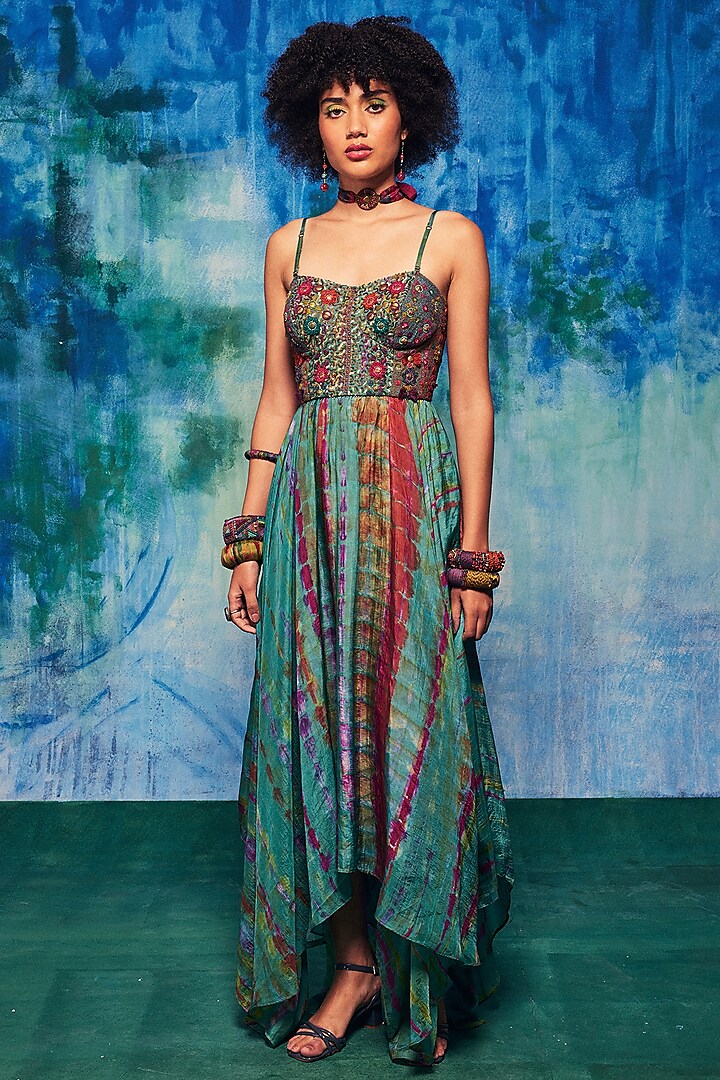 Turquoise Silk Aari Embroidered Tie-Dyed Dress by Capisvirleo at Pernia's Pop Up Shop