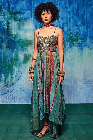 Turquoise Silk Aari Embroidered Tie-Dyed Dress by Capisvirleo