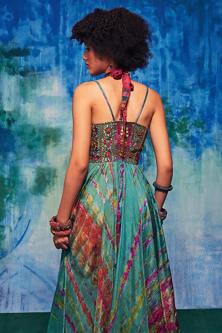 Turquoise Silk Aari Embroidered Tie-Dyed Cocktail Dress by Capisvirleo at Pernia's Pop Up Shop
