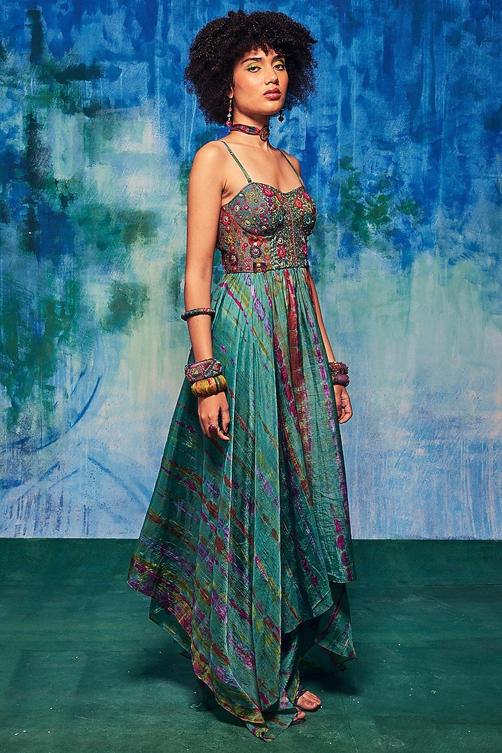 Turquoise Silk Aari Embroidered Tie-Dyed Cocktail Dress by Capisvirleo at Pernia's Pop Up Shop