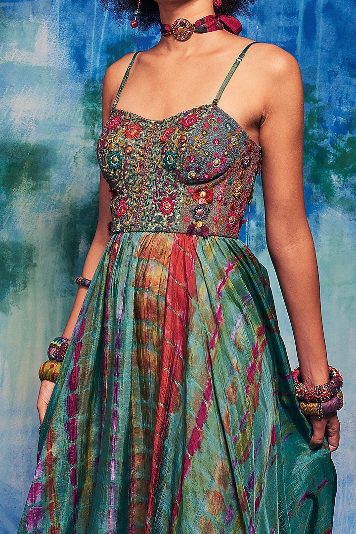 Turquoise Silk Aari Embroidered Tie-Dyed Cocktail Dress by Capisvirleo at Pernia's Pop Up Shop