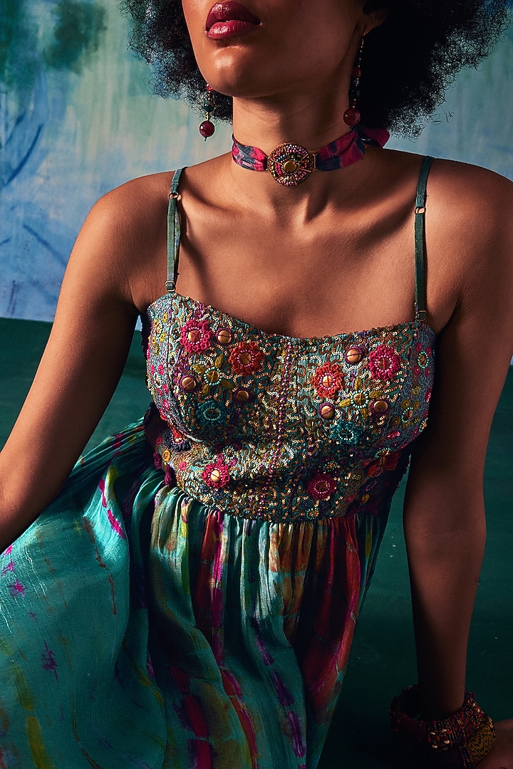 Turquoise Silk Aari Embroidered Tie-Dyed Cocktail Dress by Capisvirleo at Pernia's Pop Up Shop