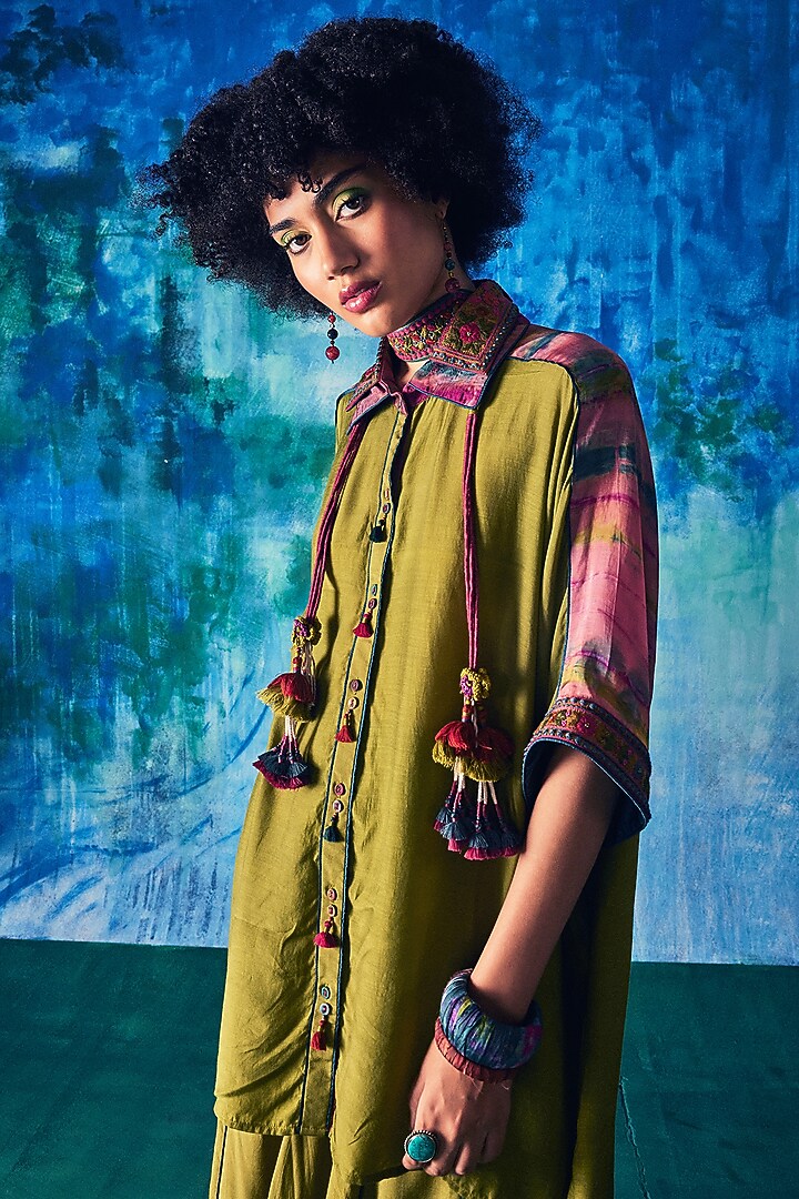 Olive Silk Aari Embroidered Co-Ord Set by Capisvirleo at Pernia's Pop Up Shop