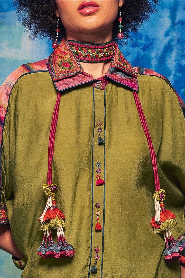 Olive Silk Aari Embroidered Co-Ord Set by Capisvirleo at Pernia's Pop Up Shop