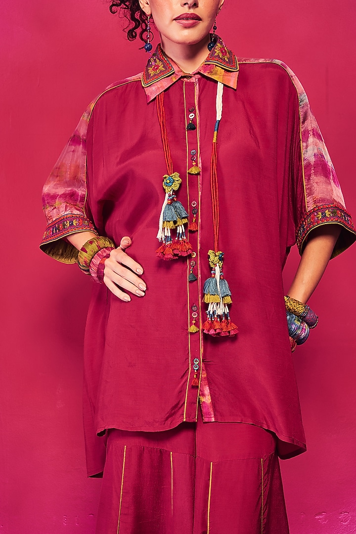 Fuchsia Silk Aari Embroidered Co-Ord Set by Capisvirleo at Pernia's Pop Up Shop