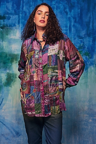 Purple Silk Applique Embroidered Tie-Dyed Paneled Shirt by Capisvirleo