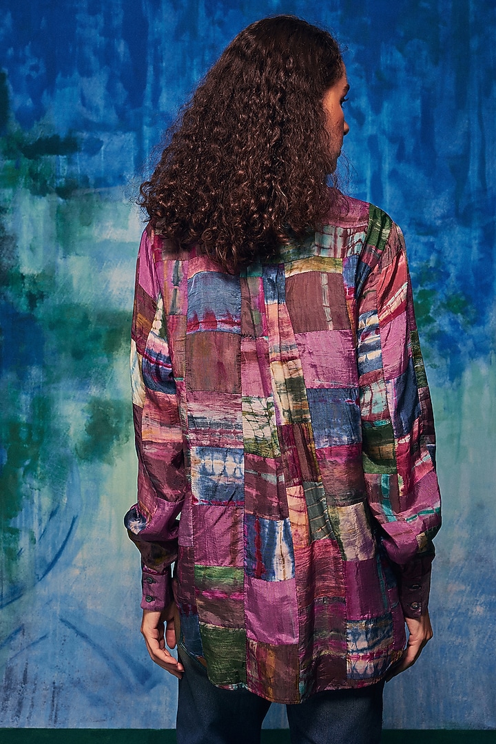 Purple Silk Applique Embroidered Tie-Dyed Paneled Shirt by Capisvirleo at Pernia's Pop Up Shop