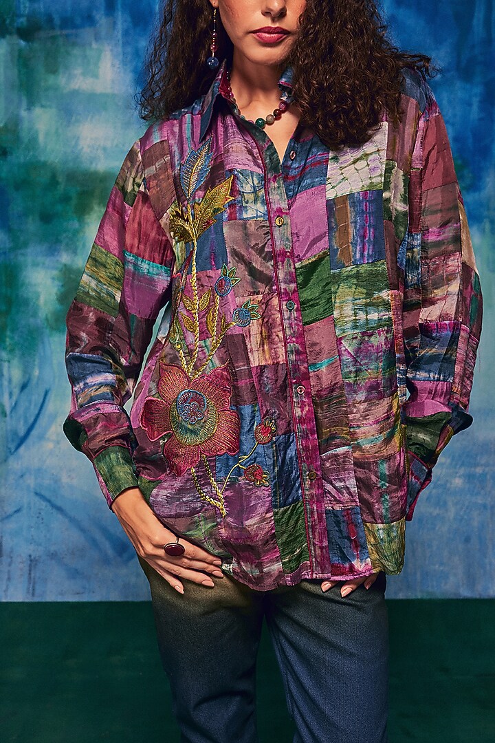 Purple Silk Applique Embroidered Tie-Dyed Paneled Shirt by Capisvirleo at Pernia's Pop Up Shop