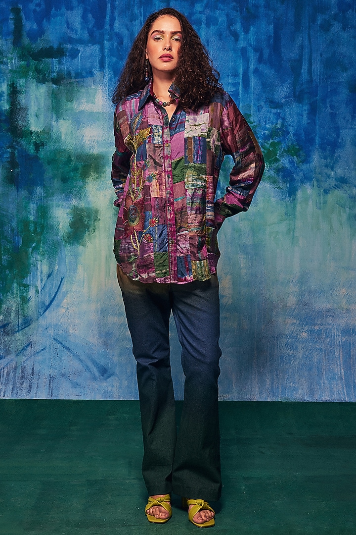 Purple Silk Applique Embroidered Tie-Dyed Paneled Shirt by Capisvirleo at Pernia's Pop Up Shop