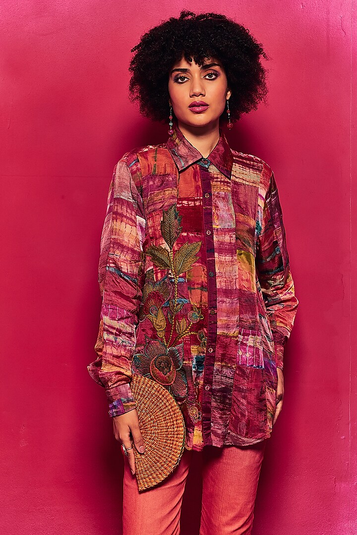 Fuchsia Silk Applique Embroidered Tie-Dyed Paneled Shirt by Capisvirleo at Pernia's Pop Up Shop