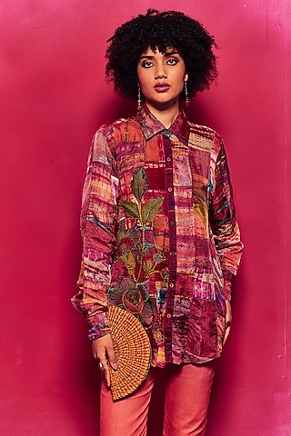 Fuchsia Silk Applique Embroidered Tie-Dyed Paneled Shirt by Capisvirleo