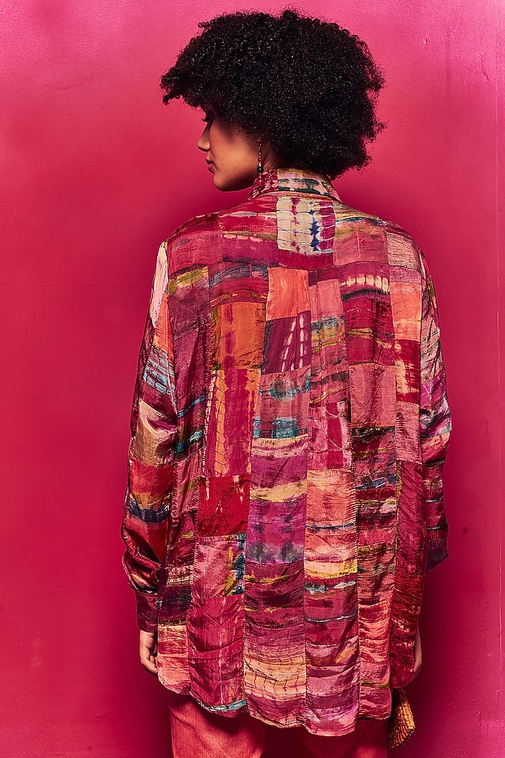 Fuchsia Silk Applique Embroidered Tie-Dyed Paneled Shirt by Capisvirleo at Pernia's Pop Up Shop