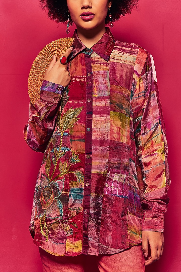 Fuchsia Silk Applique Embroidered Tie-Dyed Paneled Shirt by Capisvirleo at Pernia's Pop Up Shop
