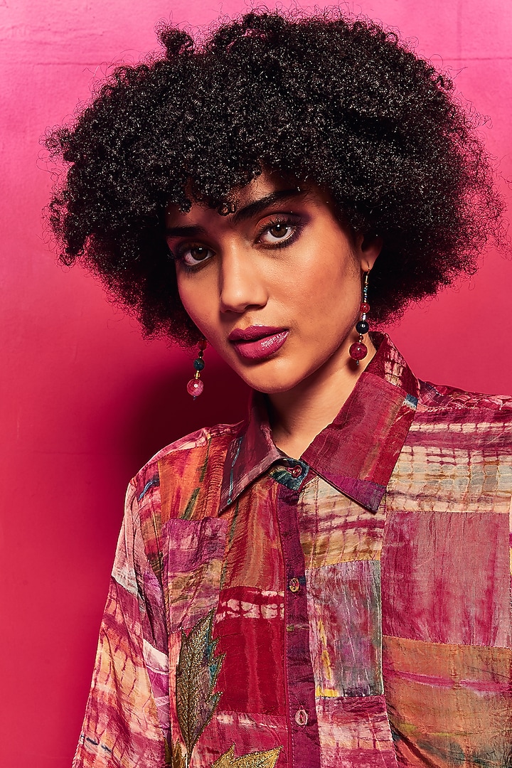 Fuchsia Silk Applique Embroidered Tie-Dyed Paneled Shirt by Capisvirleo at Pernia's Pop Up Shop
