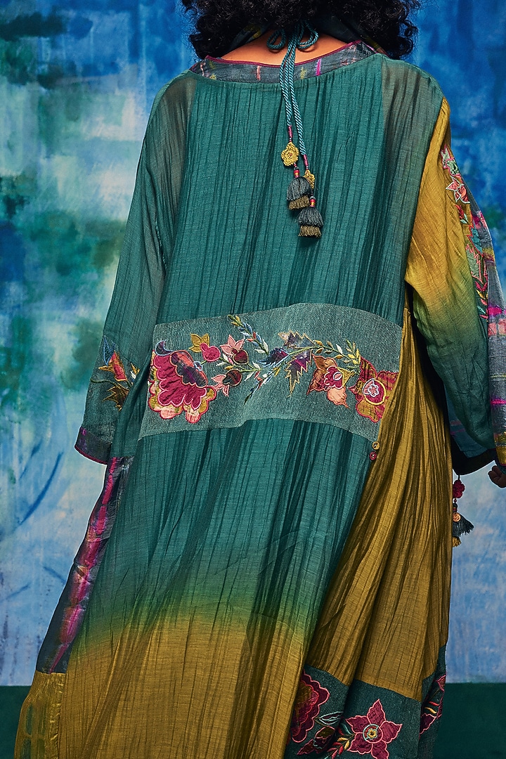 Teal & Olive Chanderi Applique Embroidered Kurta Set by Capisvirleo at Pernia's Pop Up Shop