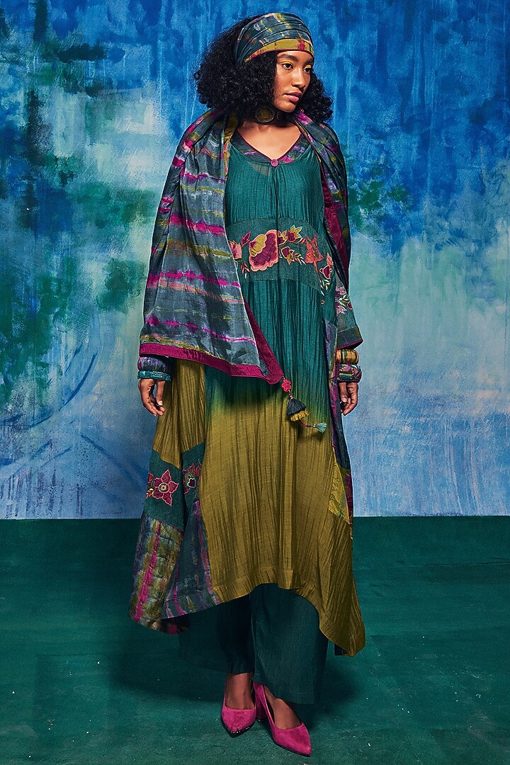 Teal & Olive Chanderi Applique Embroidered Kurta Set by Capisvirleo at Pernia's Pop Up Shop
