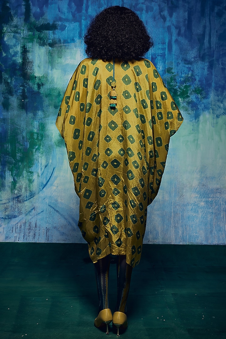 Olive & Teal Silk Shibori Tie-Dyed Kaftan Set by Capisvirleo at Pernia's Pop Up Shop