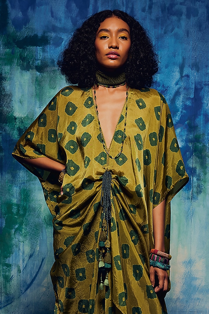 Olive & Teal Silk Shibori Tie-Dyed Kaftan Set by Capisvirleo at Pernia's Pop Up Shop