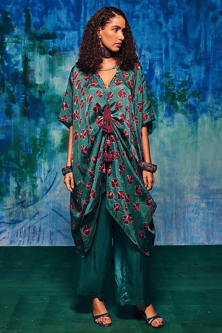 Teal & Wine Silk Shibori Tie-Dyed Kaftan Set by Capisvirleo at Pernia's Pop Up Shop