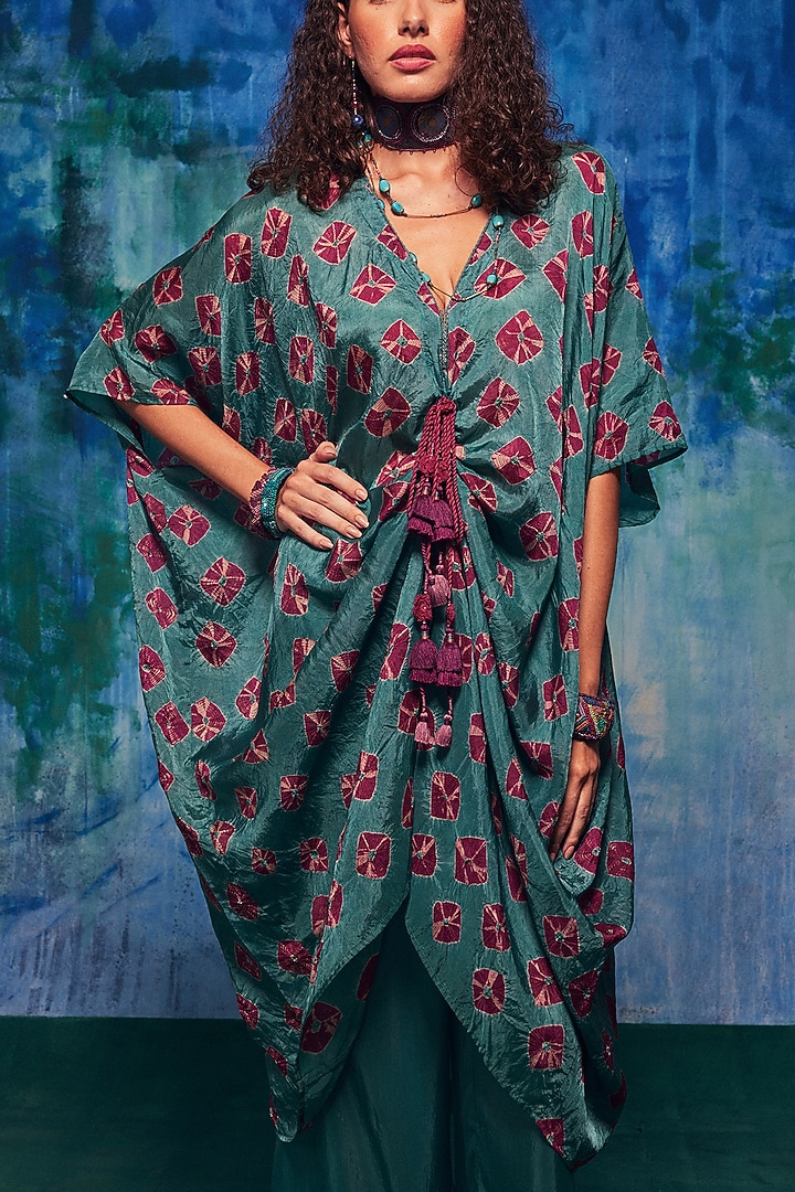 Teal & Wine Silk Shibori Tie-Dyed Kaftan Set by Capisvirleo at Pernia's Pop Up Shop