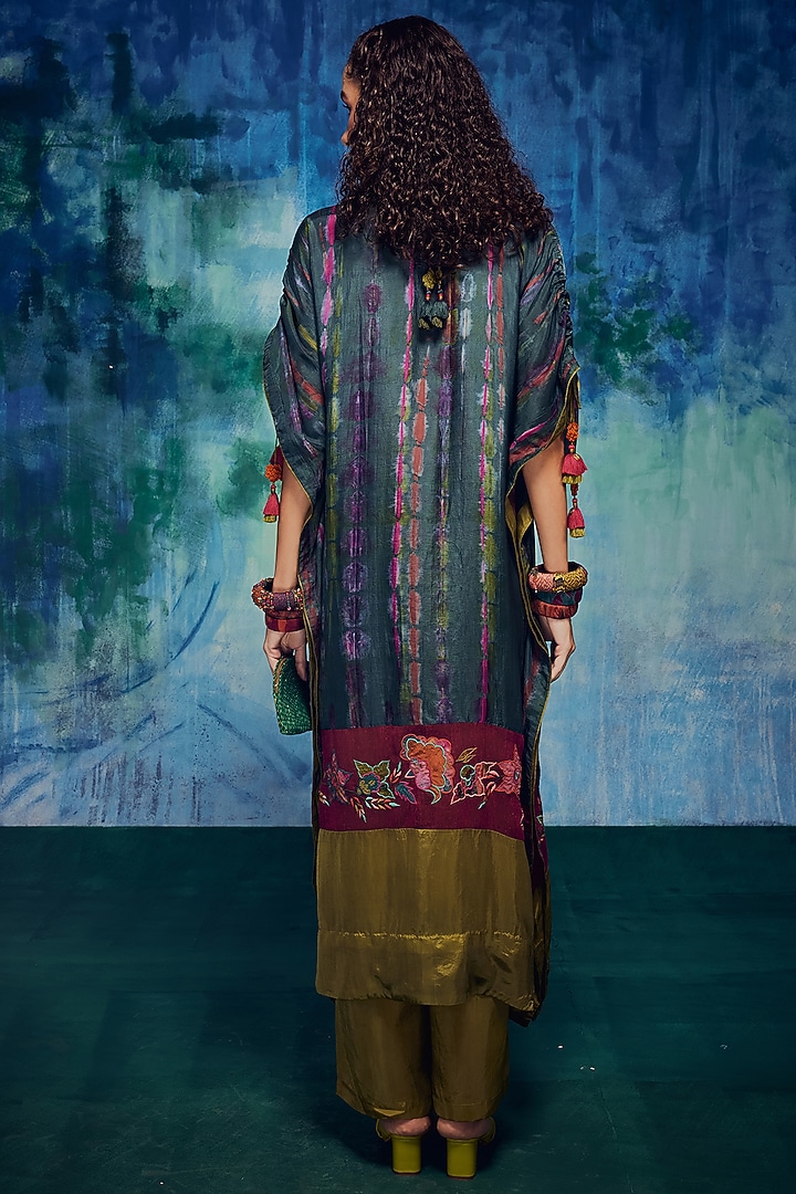 Teal & Olive Silk Applique Embroidered Tie-Dyed Kaftan Set by Capisvirleo at Pernia's Pop Up Shop