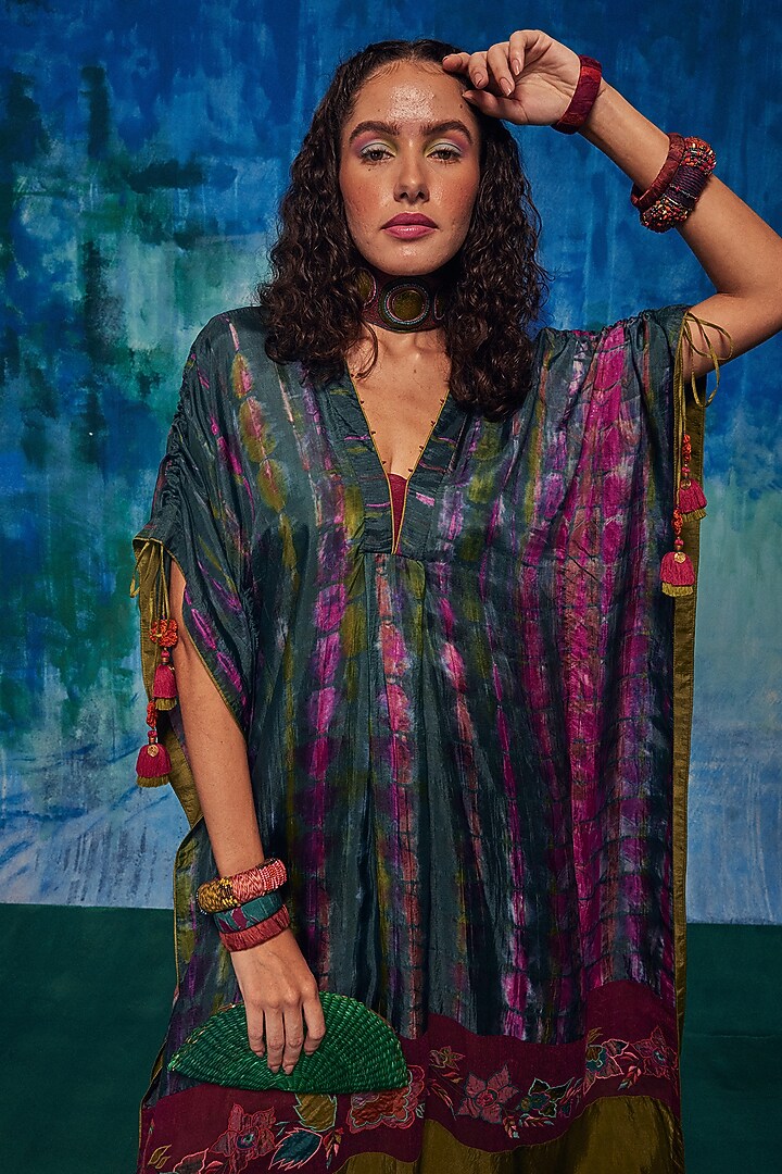 Teal & Olive Silk Applique Embroidered Tie-Dyed Kaftan Set by Capisvirleo at Pernia's Pop Up Shop
