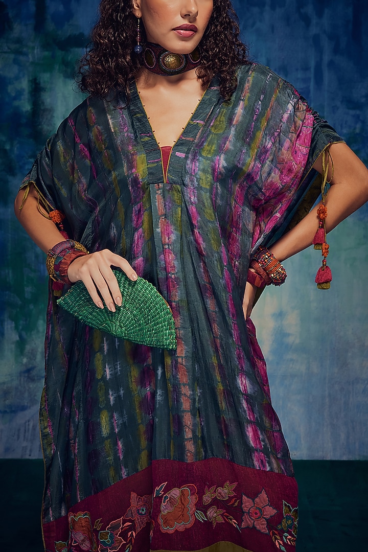 Teal & Olive Silk Applique Embroidered Tie-Dyed Kaftan Set by Capisvirleo at Pernia's Pop Up Shop