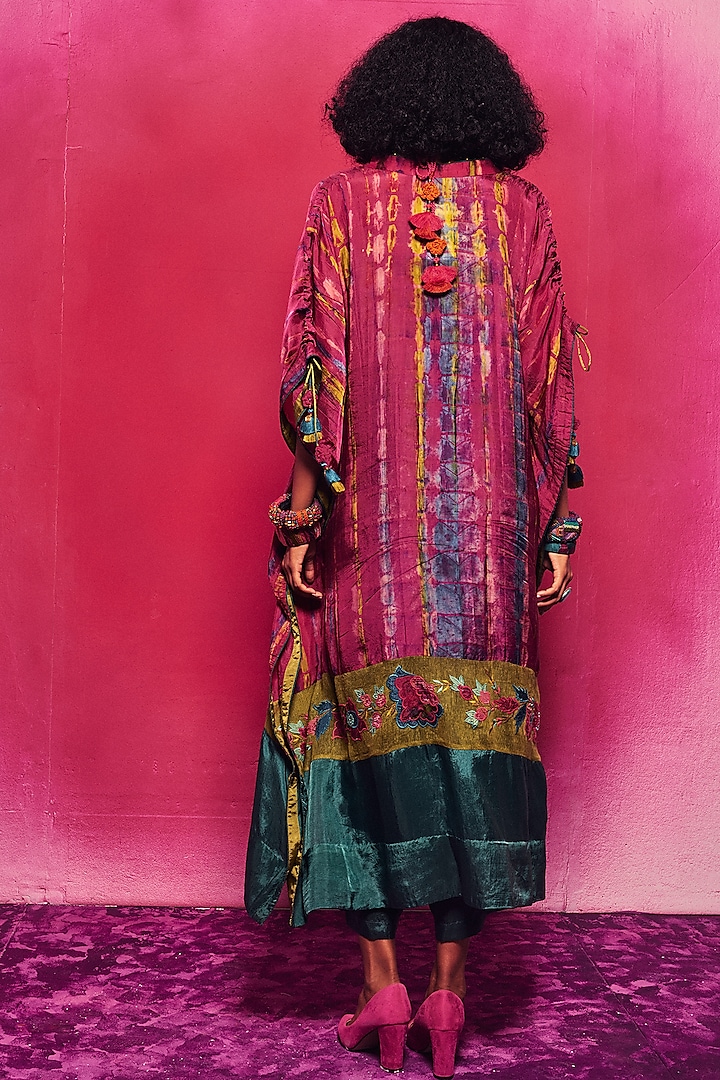 Fuchsia & Teal Silk Applique Embroidered Tie-Dyed Kaftan Set by Capisvirleo at Pernia's Pop Up Shop