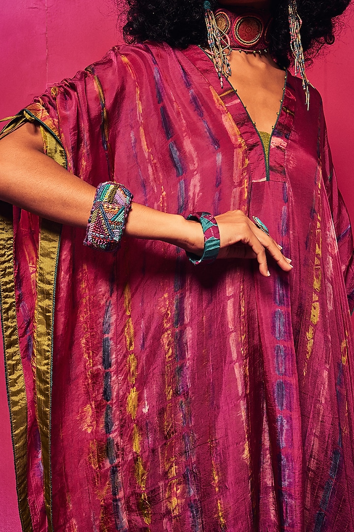 Fuchsia & Teal Silk Applique Embroidered Tie-Dyed Kaftan Set by Capisvirleo at Pernia's Pop Up Shop