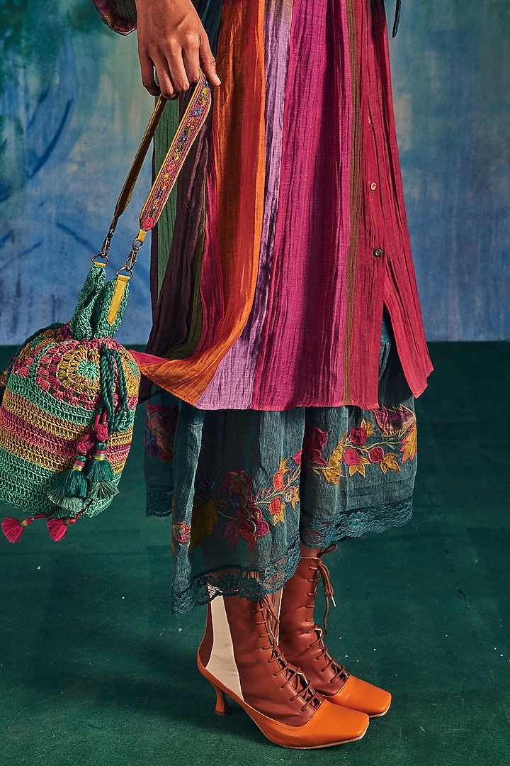 Multi-Colored Chanderi Patch Work Paneled Cocktail Shirt Dress by Capisvirleo at Pernia's Pop Up Shop