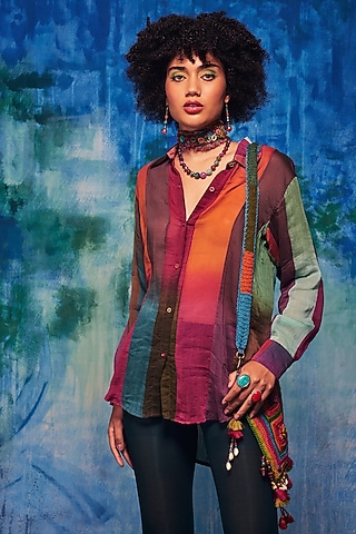 Multi-Colored Chanderi Patch Work Paneled Shirt by Capisvirleo