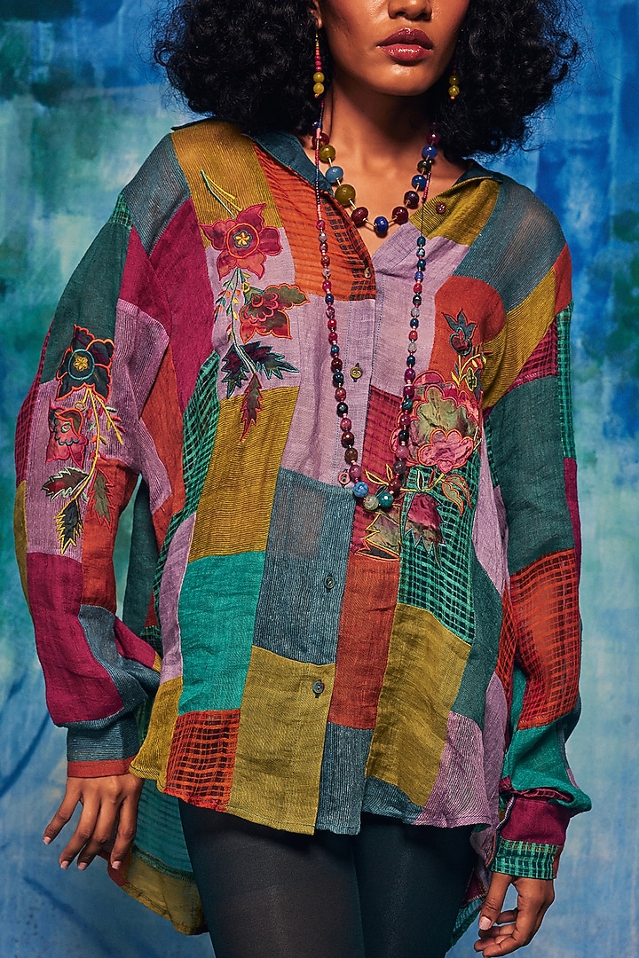Multi-Colored Jute & Linen Patch Work Shirt by Capisvirleo at Pernia's Pop Up Shop
