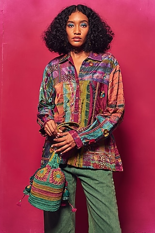 Multi-Colored Silk Patch Work Tie-Dyed Shirt by Capisvirleo