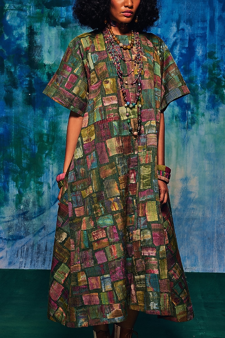 Bottle Green Silk Patch Work Midi Party Wear Dress by Capisvirleo at Pernia's Pop Up Shop