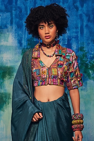 Multi-Colored Silk Aari Embroidered Blouse by Capisvirleo