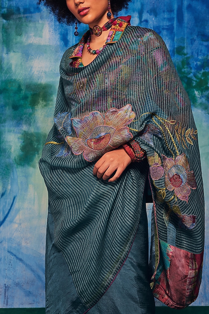 Teal Silk Applique Embroidered Wedding Saree by Capisvirleo at Pernia's Pop Up Shop