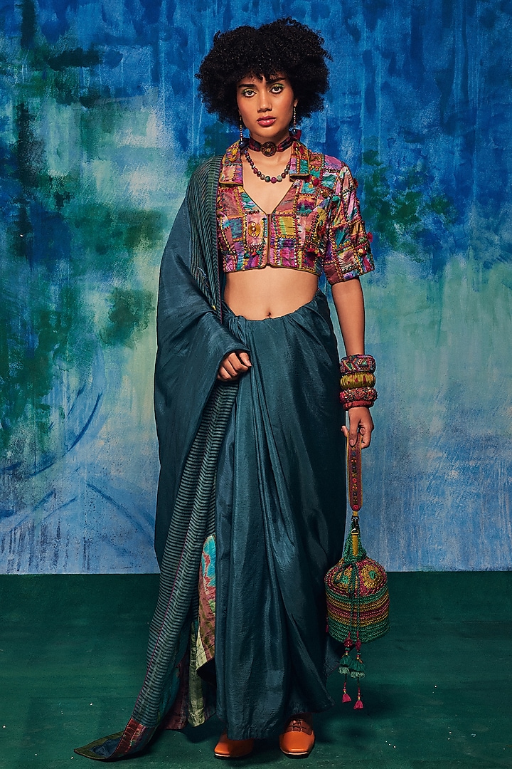 Teal Silk Applique Embroidered Saree Set by Capisvirleo at Pernia's Pop Up Shop