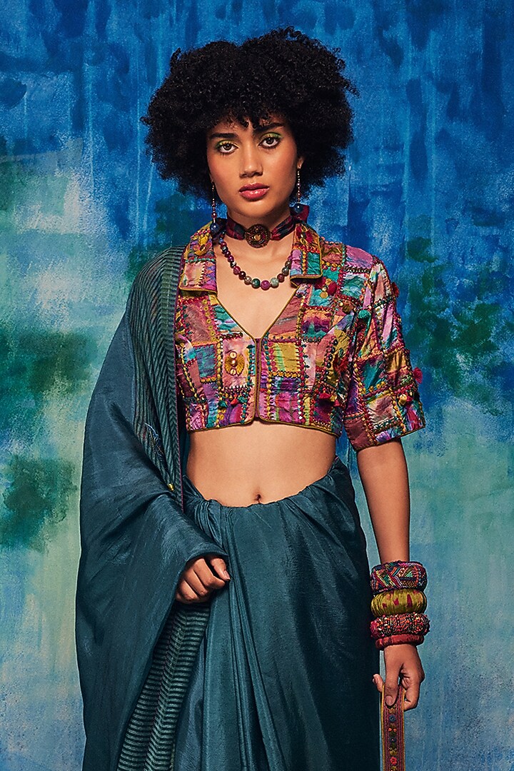 Teal Silk Applique Embroidered Wedding Saree Set by Capisvirleo at Pernia's Pop Up Shop