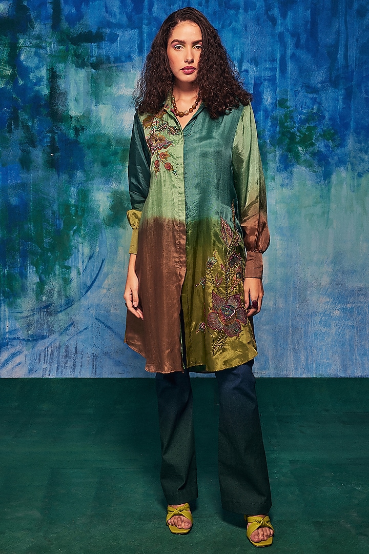 Sage & Brown Ombre Silk Applique Embroidered Long Shirt by Capisvirleo at Pernia's Pop Up Shop